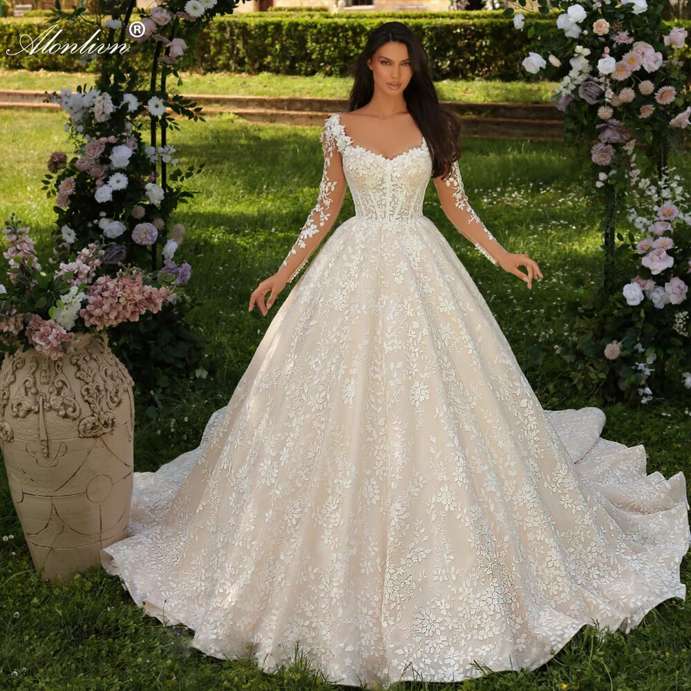 fitted lace wedding dress Square Neck A-Line Wedding Dress Long Sleeves with Split Front-Bridelily main image 1