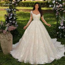 A-Line Wedding Dresses Square Neck Full Sleeves Beading Lace Floral Bridal Gowns