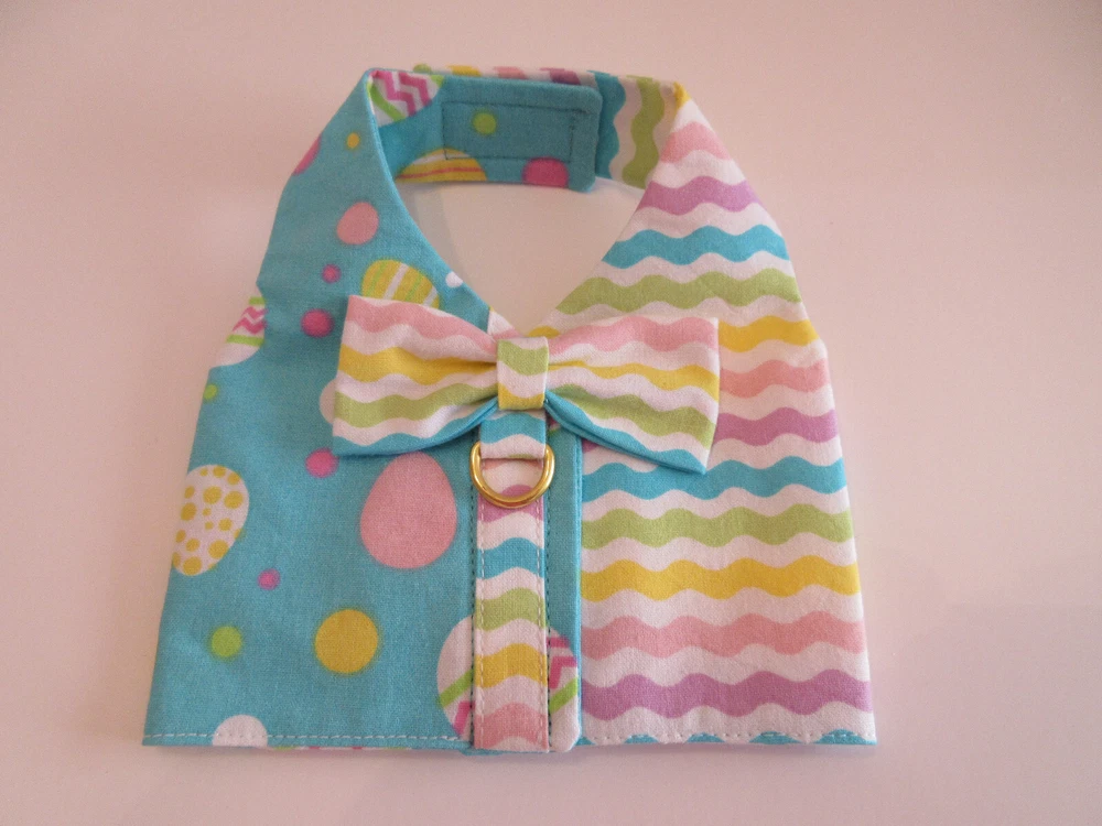 Dog harness vest Easter eggs blue pink yellow handmade xxs