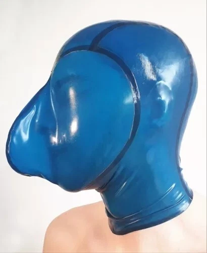 Transparent Blue Latex Hood Breathing no hole no zip neck entry 0.4mm
