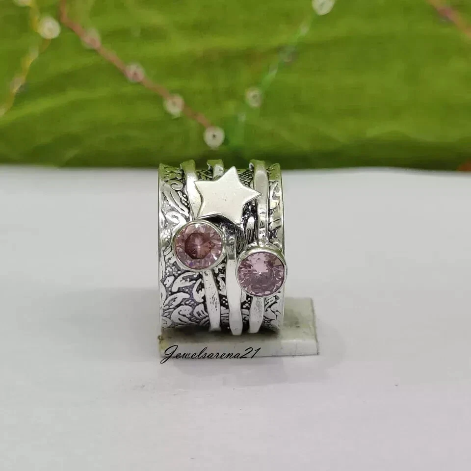 Rose Quartz 925 Sterling Silver Spinner Mediation Handmade Ring All Size R298 - Image 3 of 3