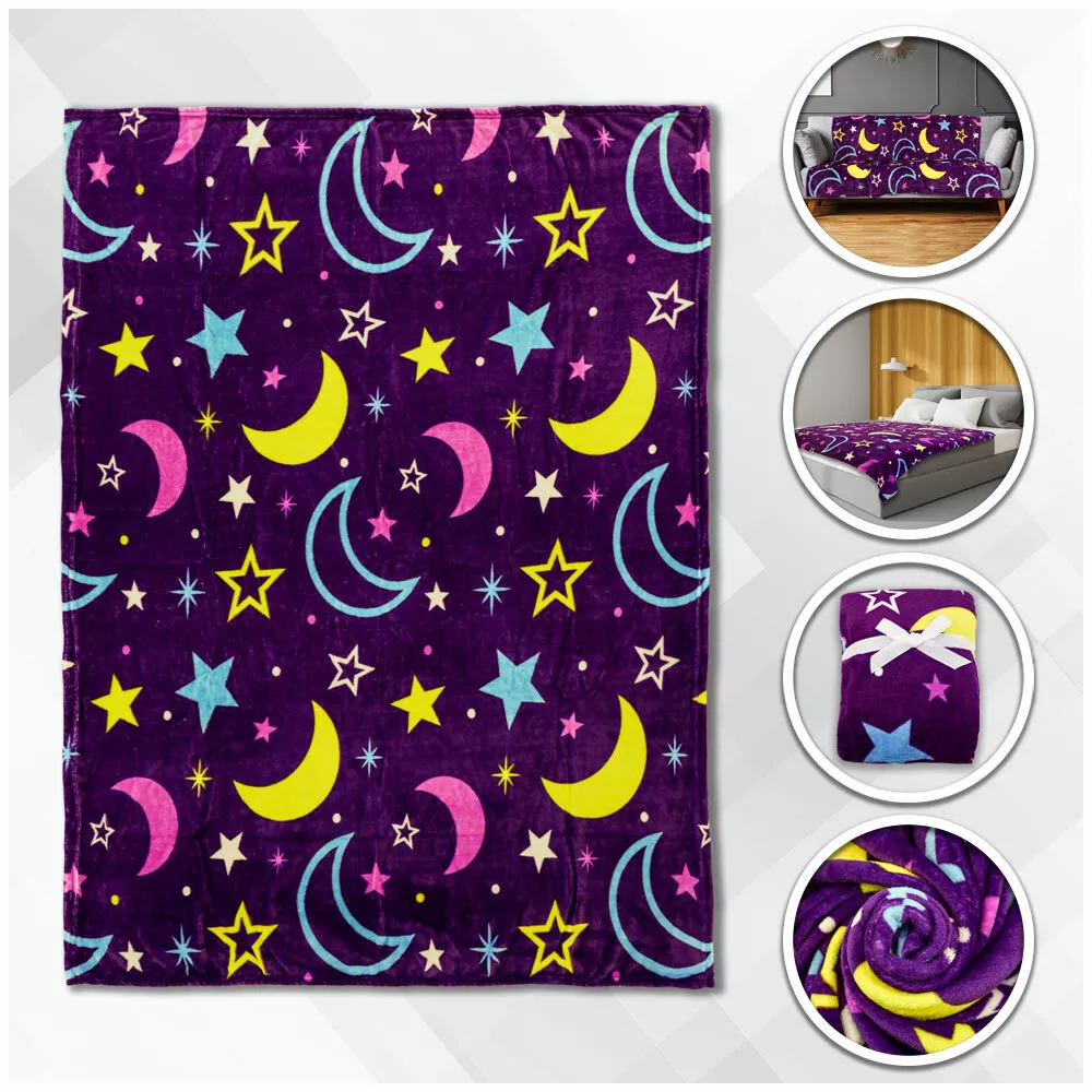 Moon Stars Plush Blanket 50x60 Cute Kid s Blanket Purple Throw Blanket Space