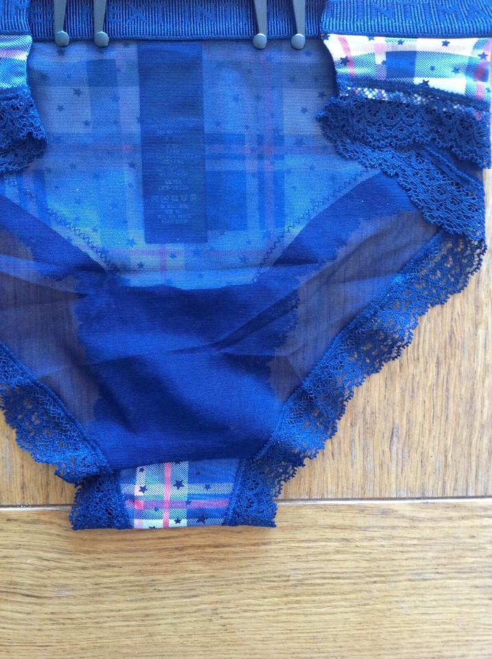 BRAZILIAN KNICKERS SIZE 12 NEXT CHECKED FRONT IN NAVY WITH LACE MESH