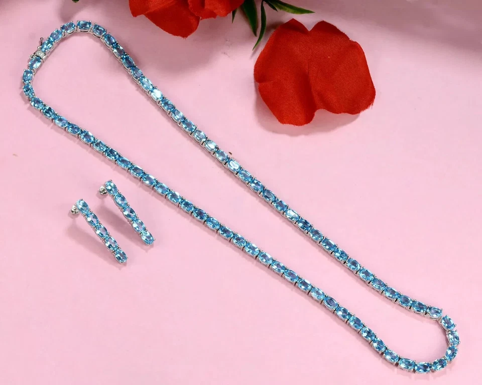 40 Ct Oval Lab-Created London Blue Topaz Tennis Necklace Earrings Set 925 Silver - Image 2 of 4