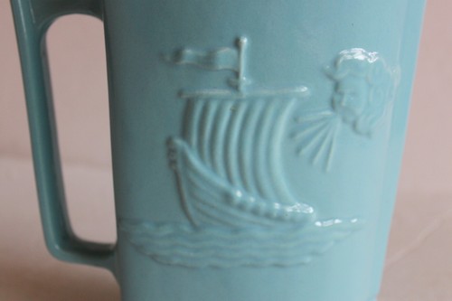 Water Pitcher Robinson Ransbottom Roseville Pottery Aqua Blue Zephyrus Ship 8” - Picture 2 of 6