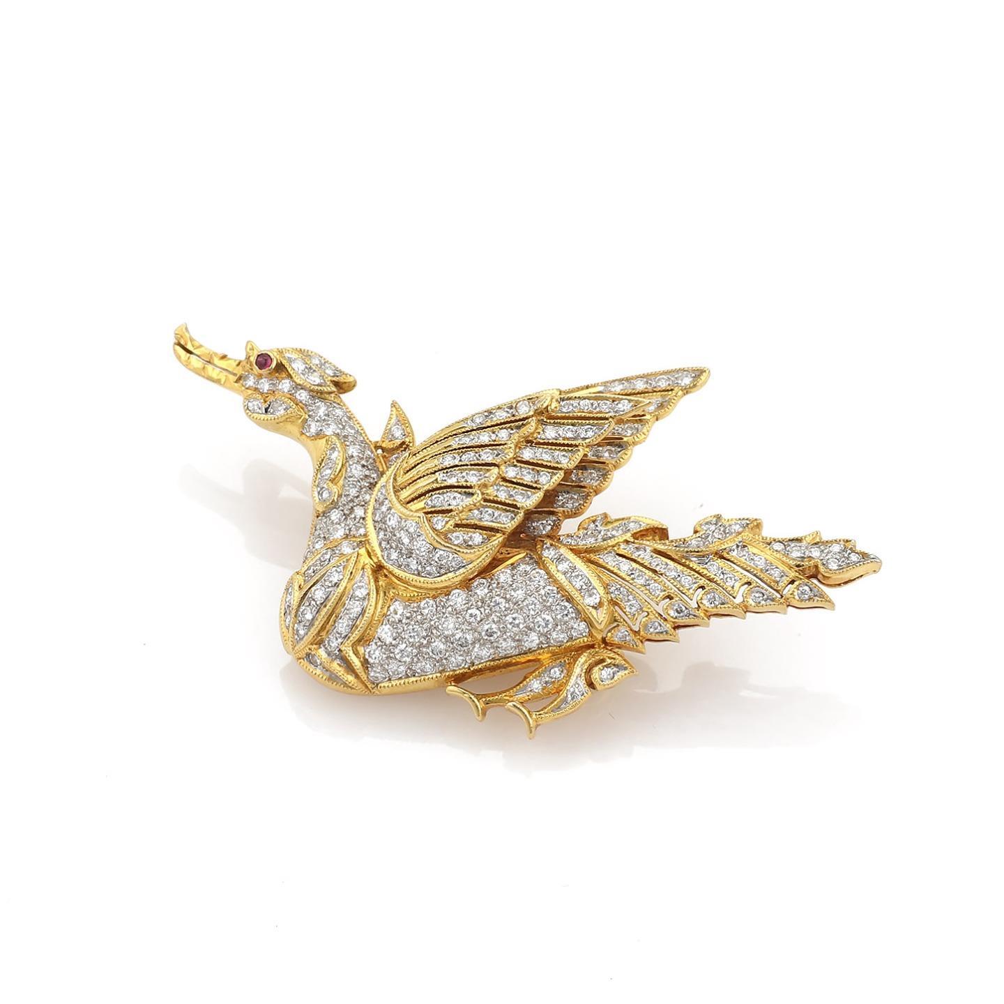 Lovely 1.82ct Diamond Ruby 18k Yellow Gold Swan Brooch Pin LIQUIDATION!