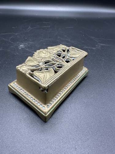 ANTIQUE ART DECO NOUVEAU SOLID BRASS BRONZE SUNFLOWER IVY HINGED STAMP BOX 3.5" - Picture 7 of 13