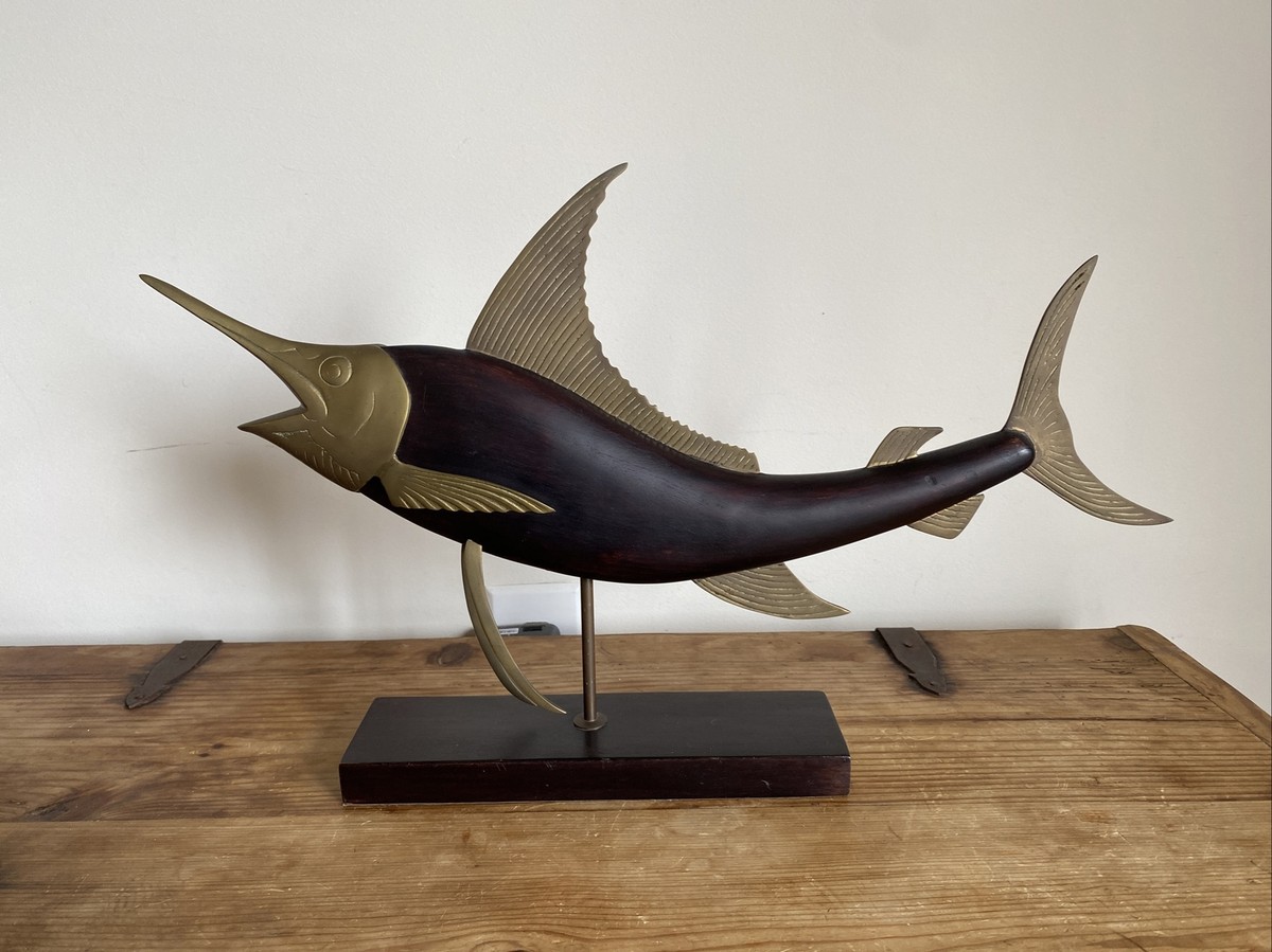 Vintage Mid Century Frederick Cooper Carved Wood & Brass Marlin