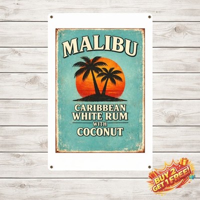 Malibu Coconut Rum Vintage Metal Tin Sign 8x12 Retro Bar Wall Art Decor