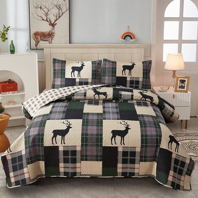 CHESITY Lodge Bedspread King Size, Rustic Cabin Quilt King, Milk White Green 