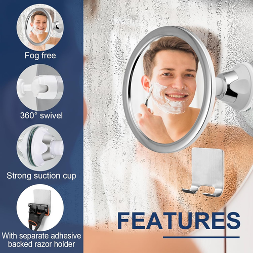 Shower Mirror Fogless with Suction Cups 360° Rotatable anti Fog Bathroom Mirror - Picture 2 of 12