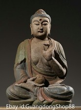 10" Old China Wood Painted Carving Feng Shui Shakyamuni Amitabha Buddha Statue