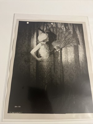 Vintage Photo Woman Holding Large Peacock Feathers Fan By Curtains Fashion Hat