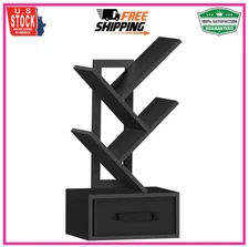 Small Book Shelf with Drawer,Black Tree Bookshelf,Wooden 4 Tier Classic Black