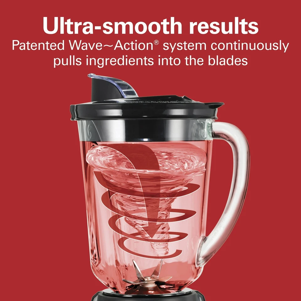 Licuadora silenciosa Hamilton Beach Wave Action tarro de vidrio de 48 oz, 12 funciones, negra Foto 2 de 4