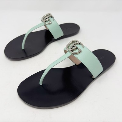 Gucci GG Marmont Mint Green Leather Flat Thong Sandals Womens Size EU 39