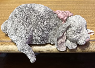 Sleeping Gray Bunny Rabbit with Pink Bow Resin Shelf Sitter Spring Nursery Room