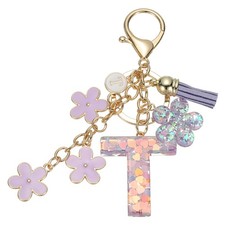 Alphabet t Tassel Cherry Blossom Initial Letter Keychain Purple, Pack of 1 