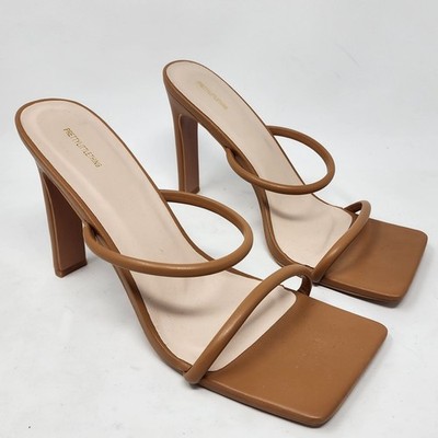 PRETTYLITTLETHING Extreme Heels Women 7 Tan Square Toe Tan Twin Strap Sandal