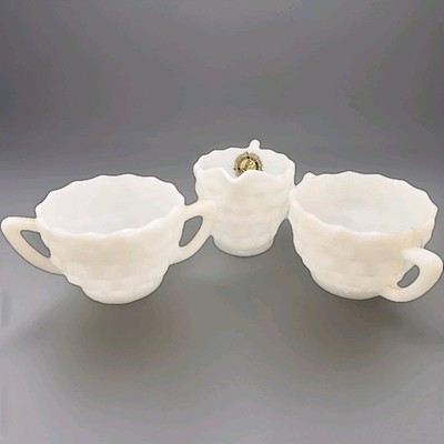 3 HAZEL ATLAS COLONIAL Opaque MILK Glass Cubist DESIGN Creamer & Sugar ANTIQUE