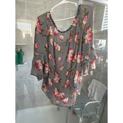 Moa Moa Woman 2X Black Striped Rose Floral Ruffle Sleeve Off Shoulder Top