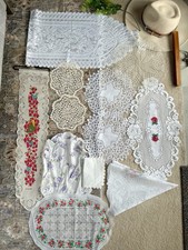 Vintage Doily Linens Lace Mixed Fabric Lot Of 12 Ivory White Crochet, Etc