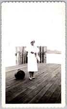 Vtg B&W Snapshot Woman White Dress Suit Hat Pier Dock Water Luggage 1933