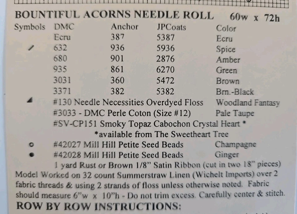 The Sweetheart Tree BOUNTIFUL ACORNS NEEDLE ROLL X-Stitch Pattern & Topaz Heart - Image 3 of 3