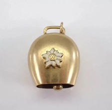 Vintage Cow Bell Charm Enamel Flower Pendant 14K Yellow Gold Plated Free Chain
