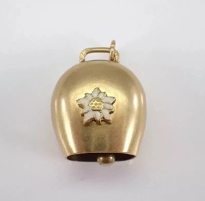 Authentic Vintage Cow Bell Charm Enamel Flower Pendant 14K Yellow Gold Plated Free Chain