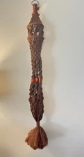 Vintage Macrame Plant Hanger Brown/ Orange Wooden Beads 50" Boho 70s