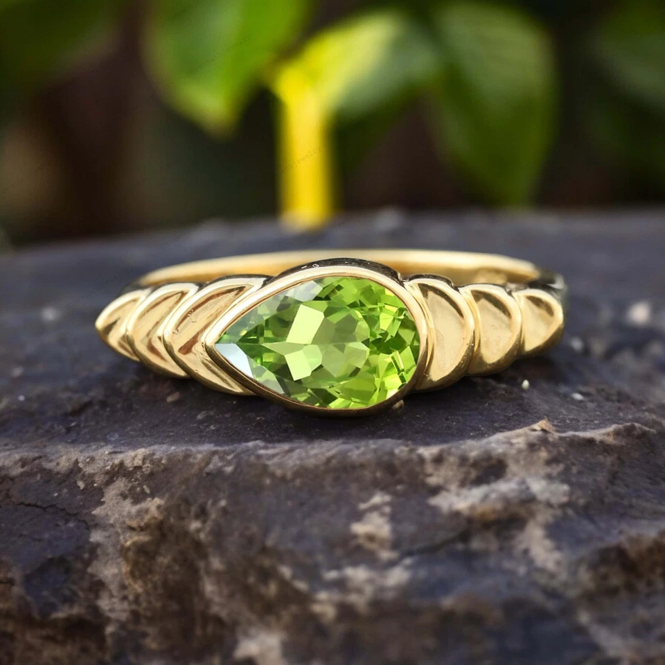 9k Solid Gold 7x5 MM Pear Shape Natural Peridot Ring Solitaire Proposal Ring - Image 4 of 4