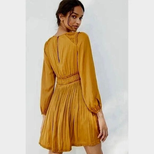 NWT!! Anthropologie MAEVE Saniya Mini Dress Solid Gold Pleated Flirty Small - Picture 8 of 16
