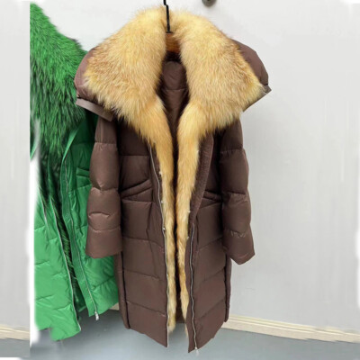 Winter Real Fox Fur Collar Thicken Down Jacket Long Coat Womens