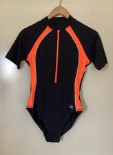WOMENS ZOGGS AQUALAST BLACK/ORANGE ONE PIECE SWIMMERS WITH ZIP SIZE 12