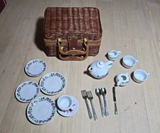 Vintage Delton Mini Wicker Basket And Tea Set With Extras
