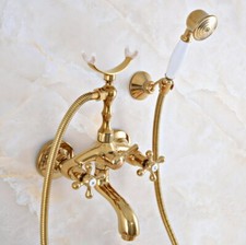 Dual Handle Bathroom Faucet Set Golden Brass Tub Handheld Shower Taps Kit 2na953