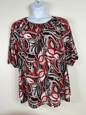 Rebecca Malone Womens Plus Size 1X Blk/Red Floral Stretch Top Elbow Sleeve