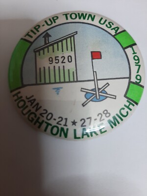 1988 Tip-Up-Town Badge Pinback – Michigan DNR Vintage Deer & Fishing Patch Pin