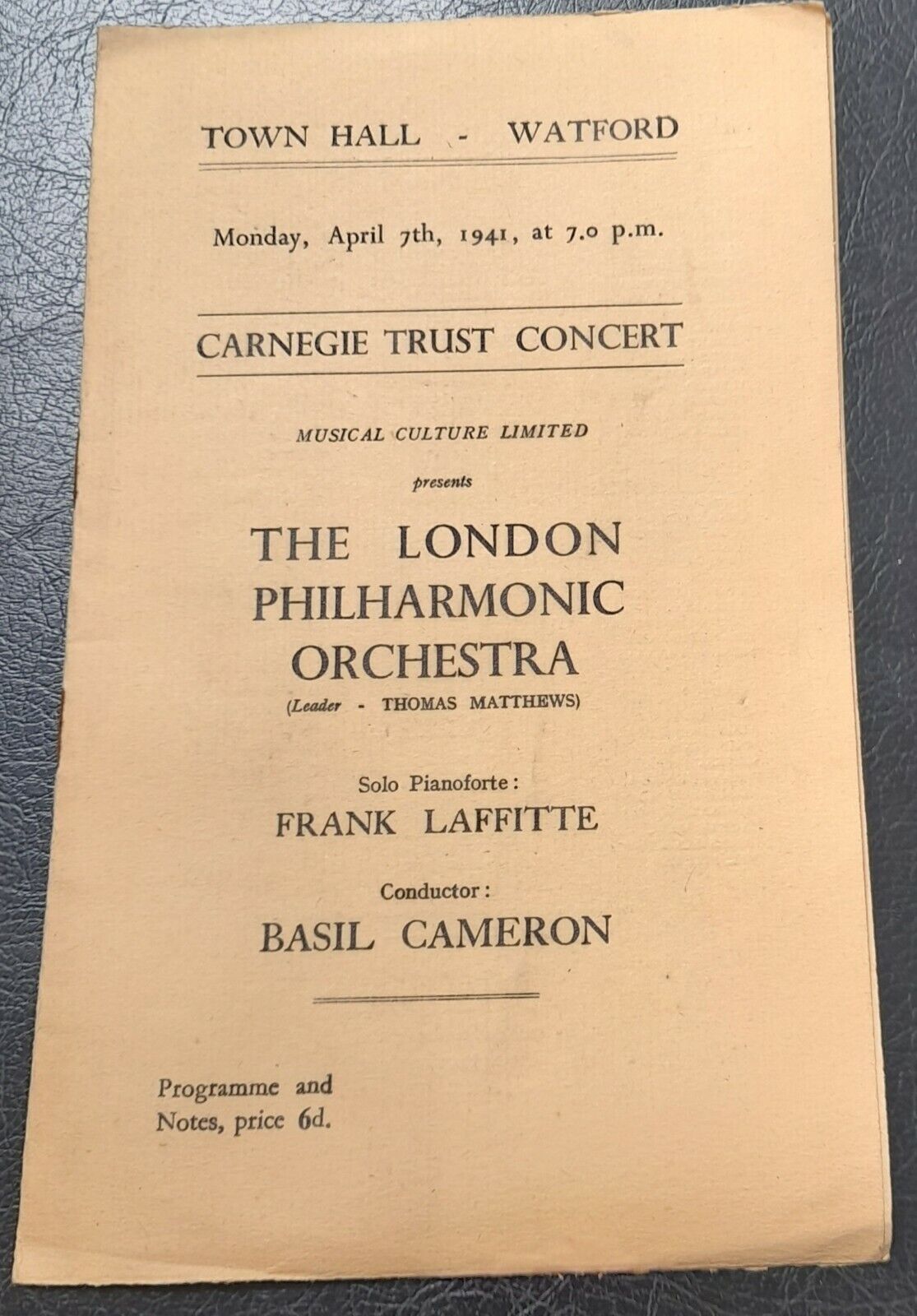 1941 Frank Laffitte Concert programme Watford Town Hall London P