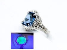 Sterling Blue Uranium Glass Ring Rare Ceylon Sapphire Color Art Deco Filigree