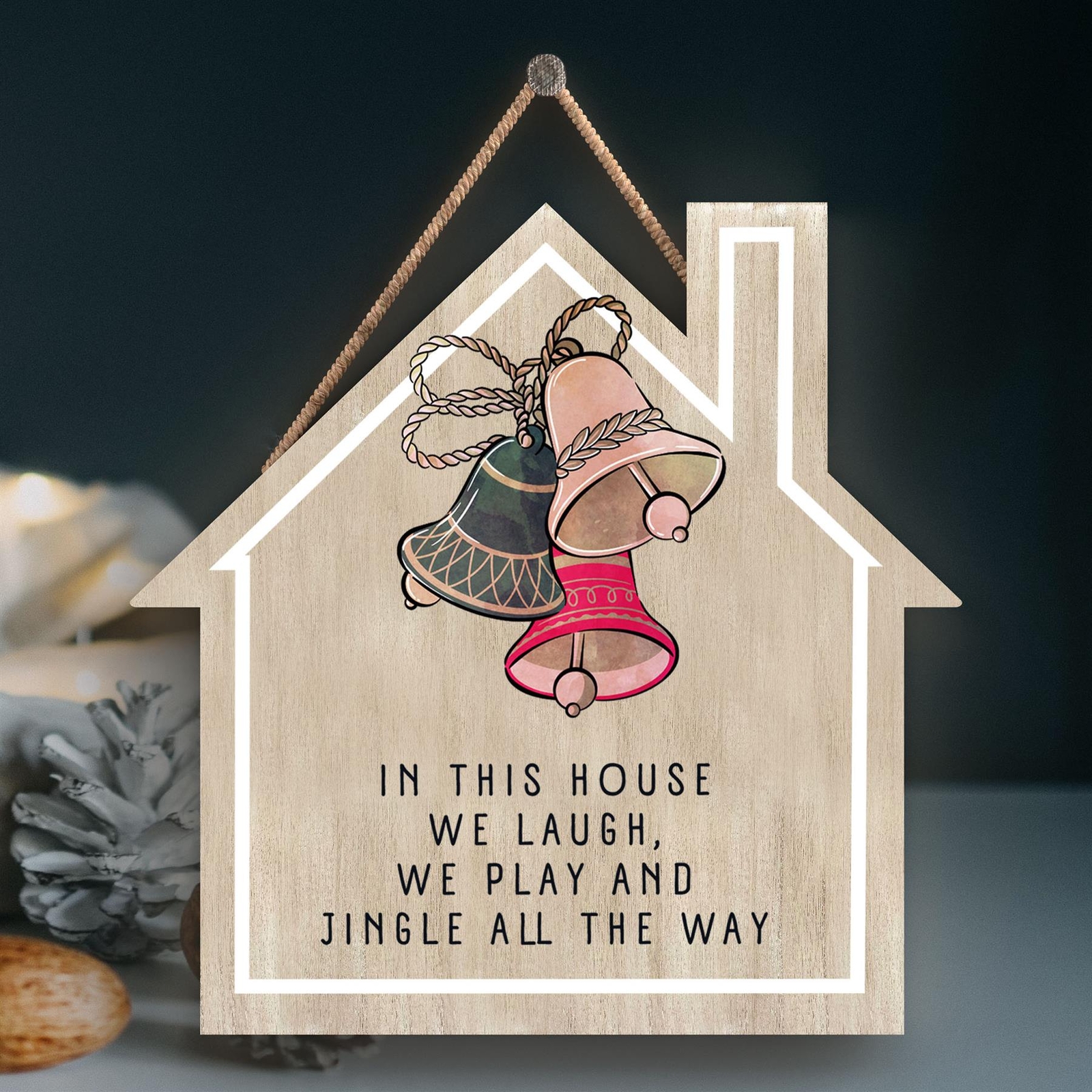 LAUGH PLAY JINGLE ALL THE WAY CHRISTMAS WOODEN HOUSE HANGING PLAQUE