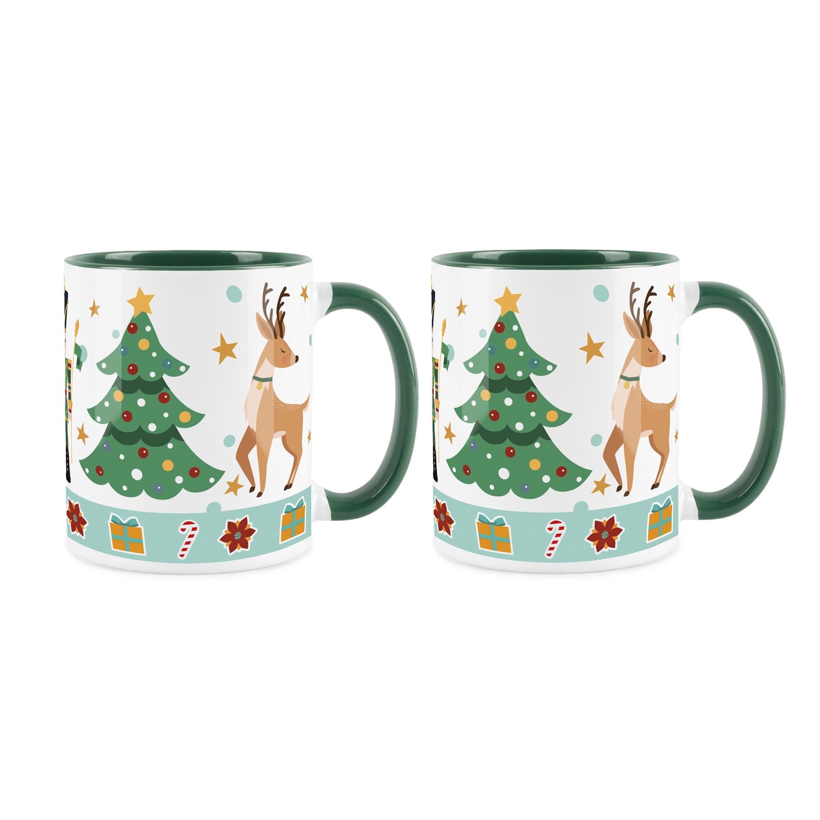 Fesive Nutcracker & Reindeer Green Christmas Mugs Set of 2