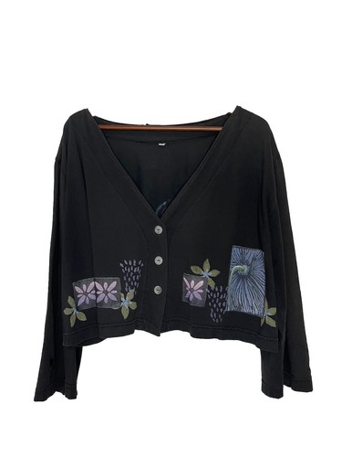 Women's Vintage Blue Fish Like Small Black Long Sleeve Button Up Floral Print