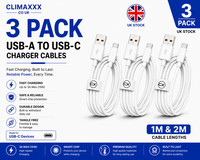 USB A to USB C Charger Cable 3 Pack Fast Charge Compatible 1M 2M White