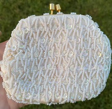 Vintage Ivory Sequin Pearl Iridescent Change Purse Hong Kong 3 1/2” Handmade