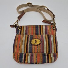 Fossil Long Live Vintage Crossbody Bag Multi Color Striped Woven Canvas Leather