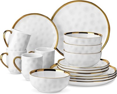 LOVECASA 16 Pieces Plates and Bowls Sets, Porcelain White and Gold Dinnerware Se
