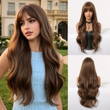 Long Wavy Cosplay Wig With Bangs Layered Synthetic Hair Women Brown