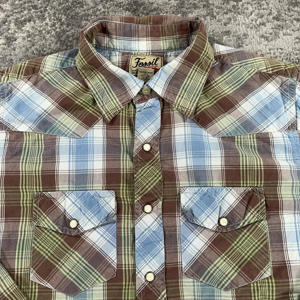 Fossil Western Shirt Mens Small S Brown Green Blue Plaid Pearl Snap Long Sleeve - Image 2 of 4